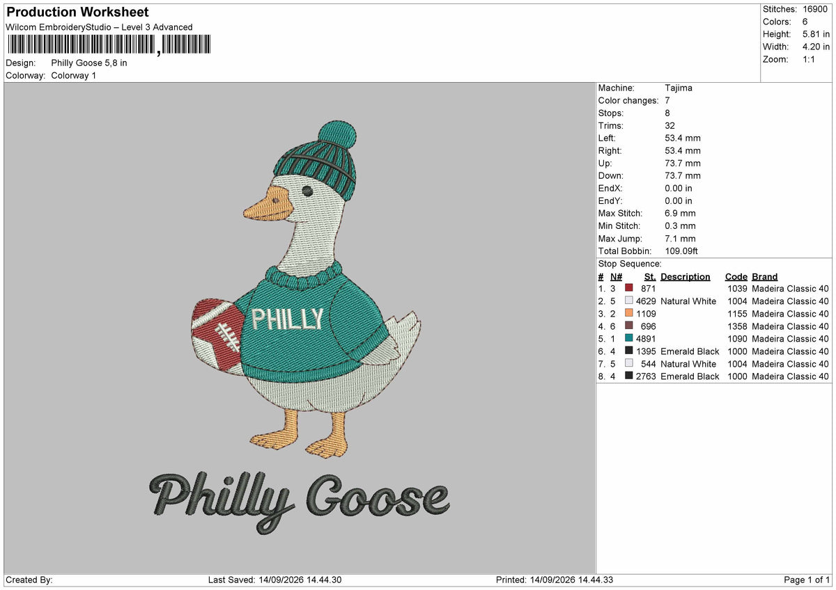 Duck 1409 Philly Embroidery Machine Design File 6 sizes