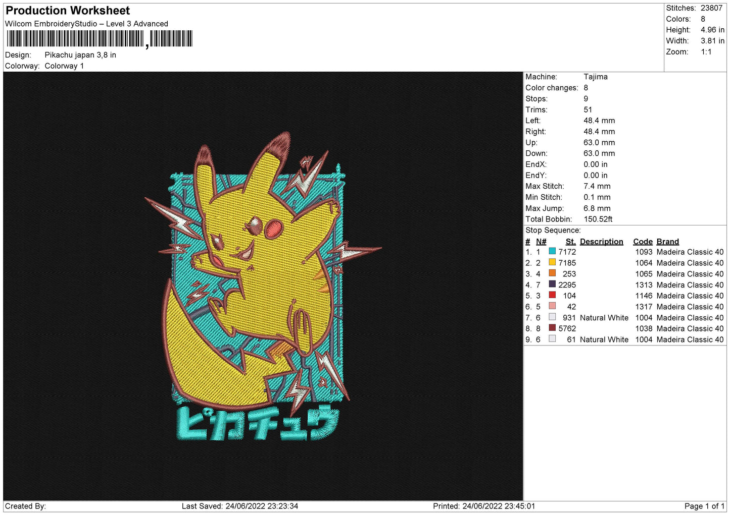 Pikachu Japan Embroidery File 4 sizes