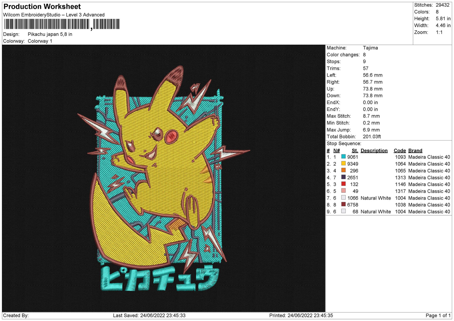 Pikachu Japan Embroidery File 4 sizes