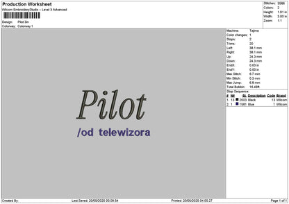 Pilot text 01 Embroidery File 6 sizes