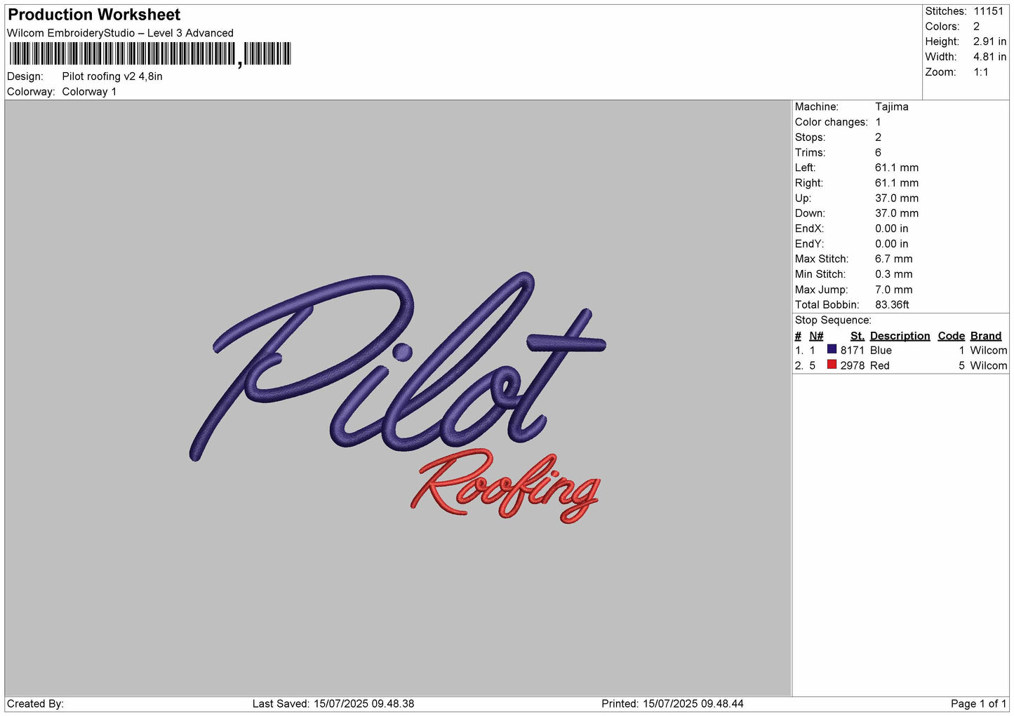 Pilot Roofing Embroidery File Design