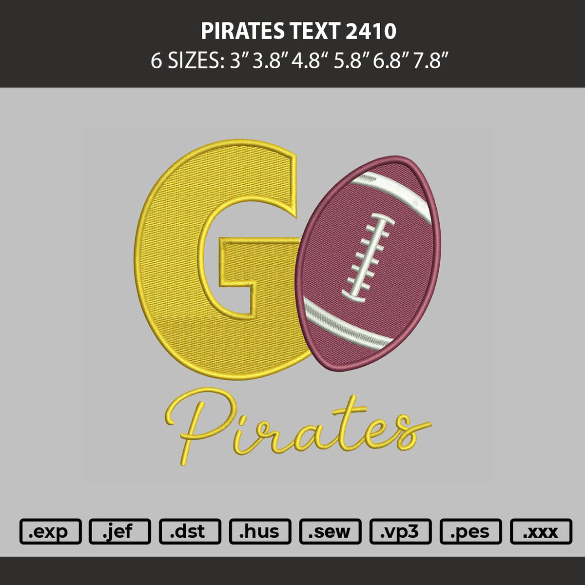 Pirates Text 2410 Embroidery Machine Design File 6 sizes