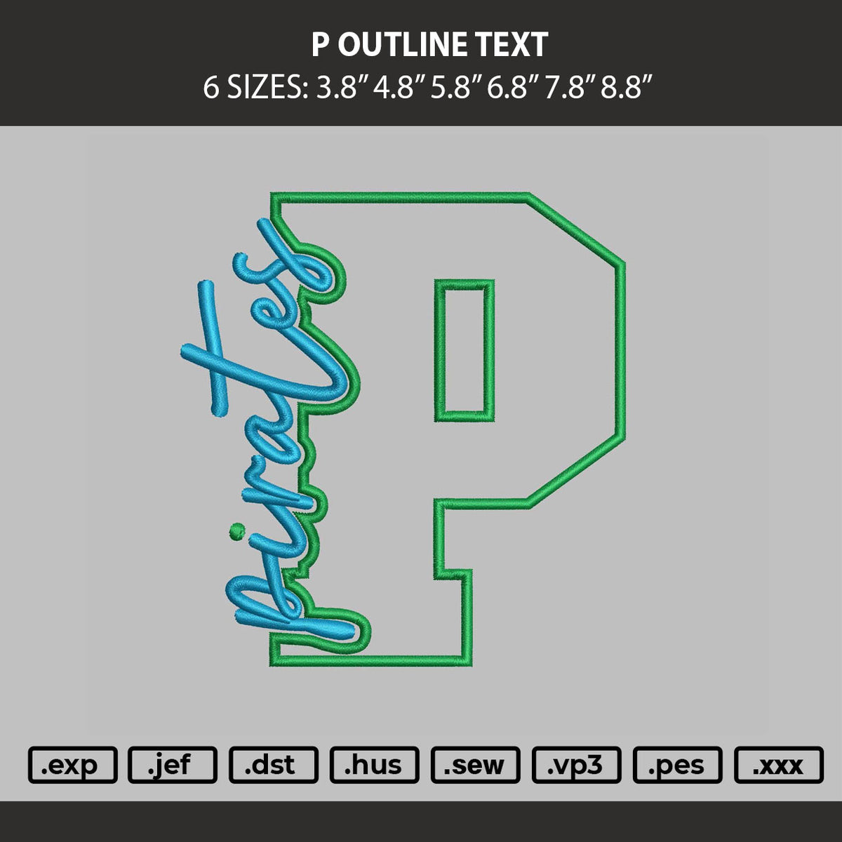 P Outline Text Embroidery Machine Design File 6 sizes
