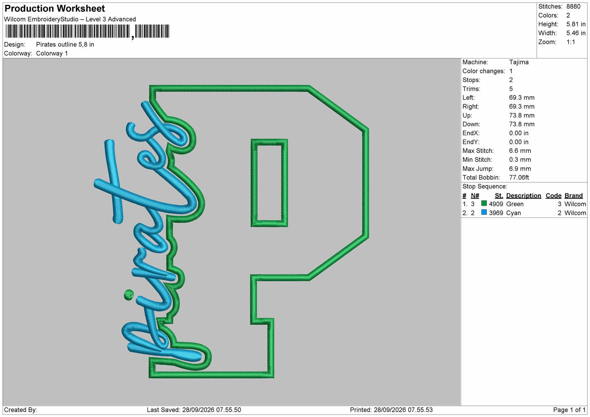 P Outline Text Embroidery Machine Design File 6 sizes