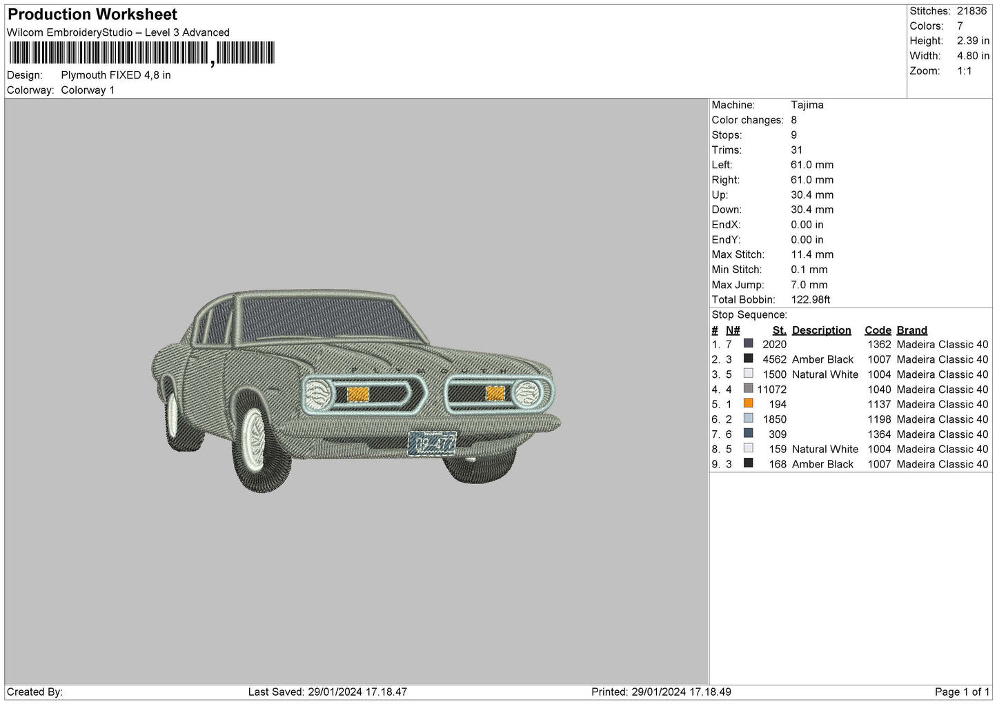 Grey Car 2401 Embroidery File 6 sizes