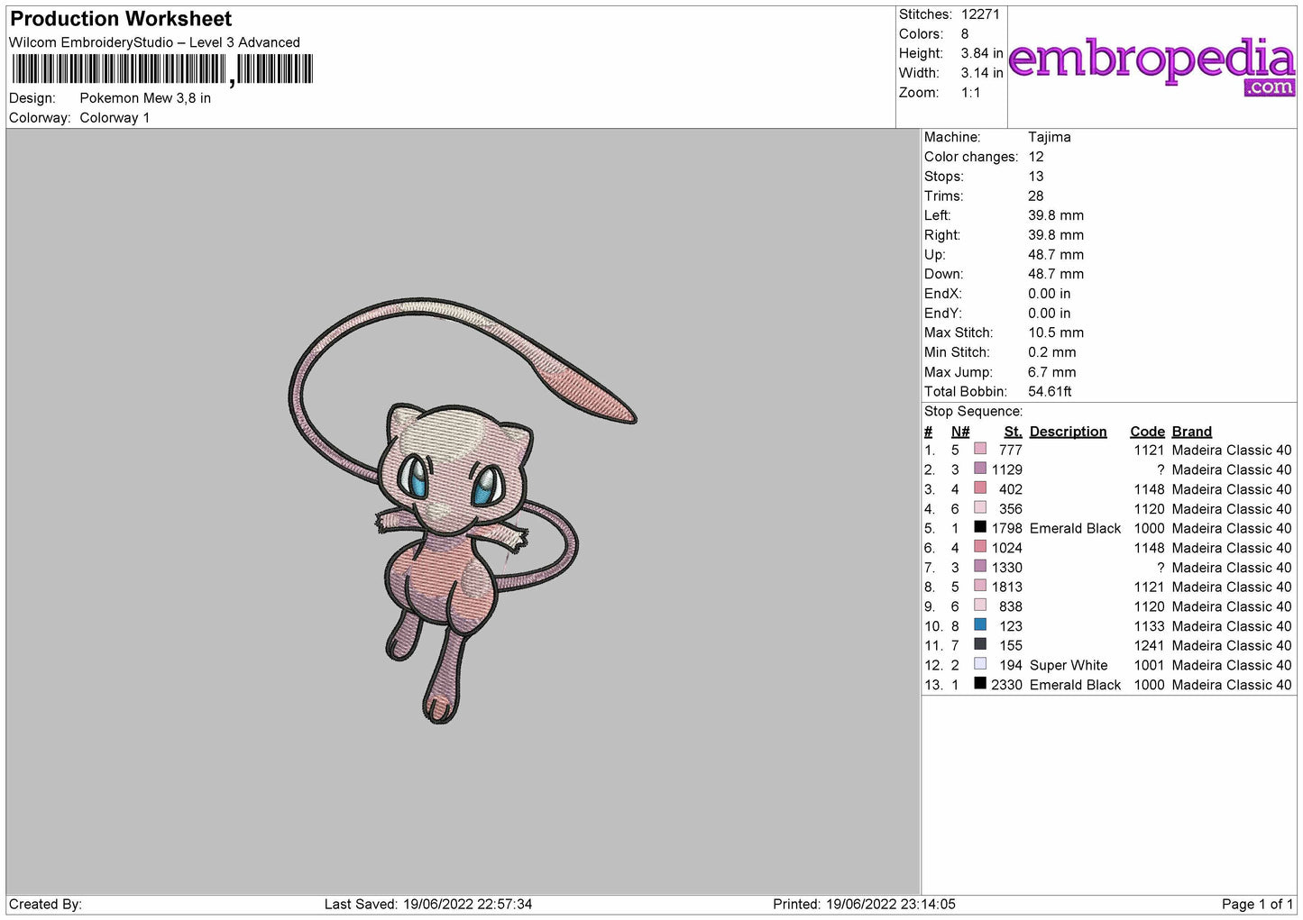 Pokemon Mew Embroidery File 4 size