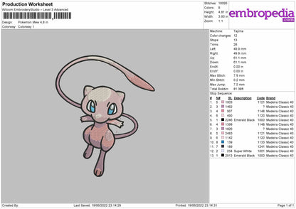 Pokemon Mew Embroidery File 4 size
