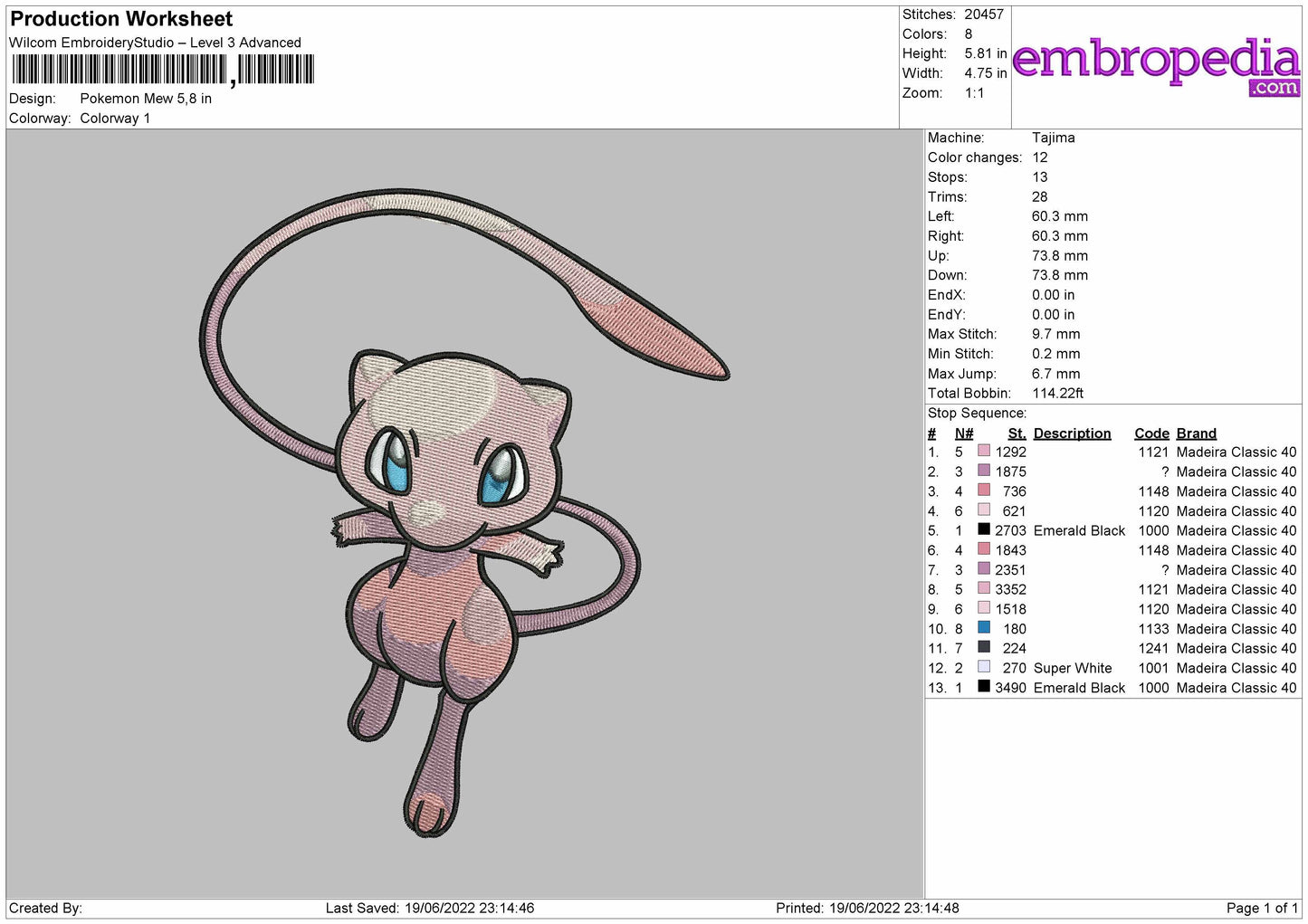 Pokemon Mew Embroidery File 4 size