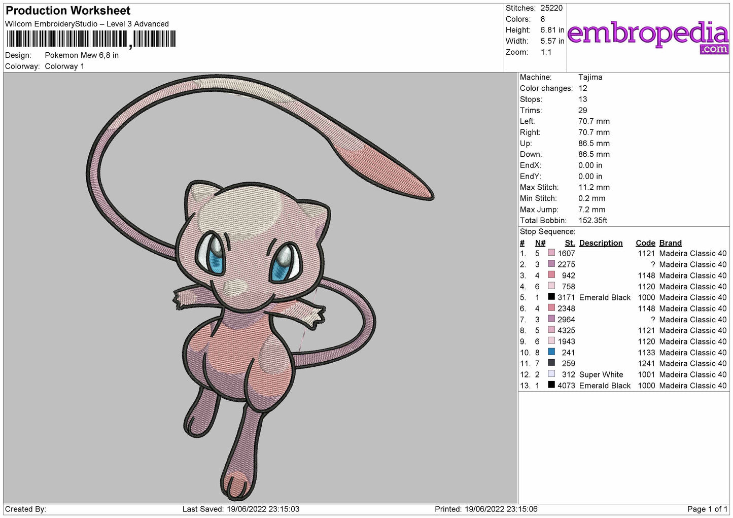 Pokemon Mew Embroidery File 4 size