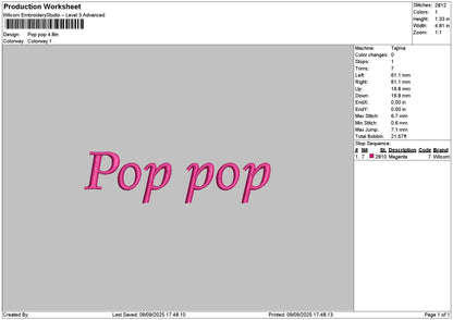 Poptext 0909 Embroidery File 6 sizes