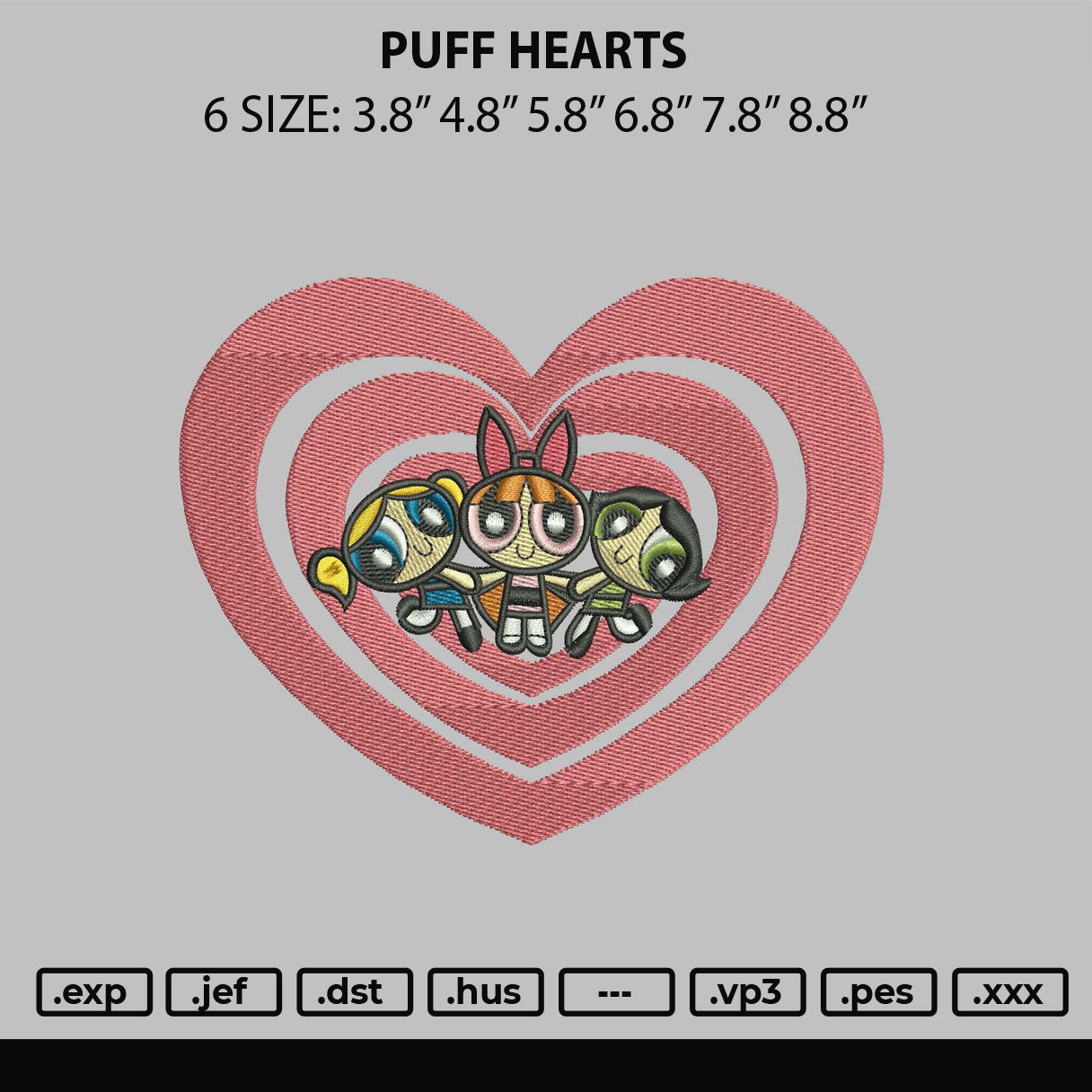 Puff Hearts Embroidery File 6 sizes