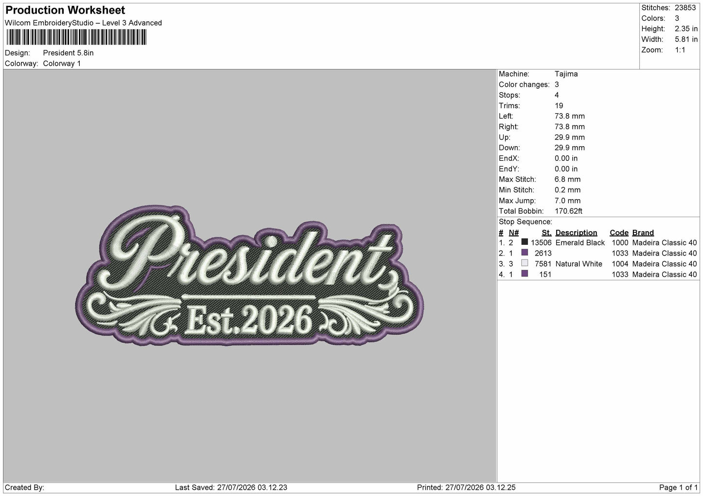 President Text 2707 Embroidery Machine Design File 6 sizes