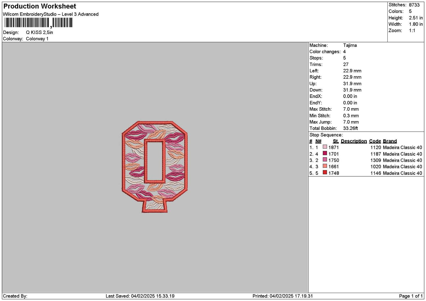 Q Lips Embroidery File 6 sizes