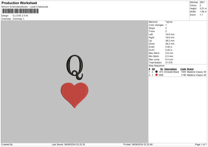 Q Love Embroidery File 6 sizes