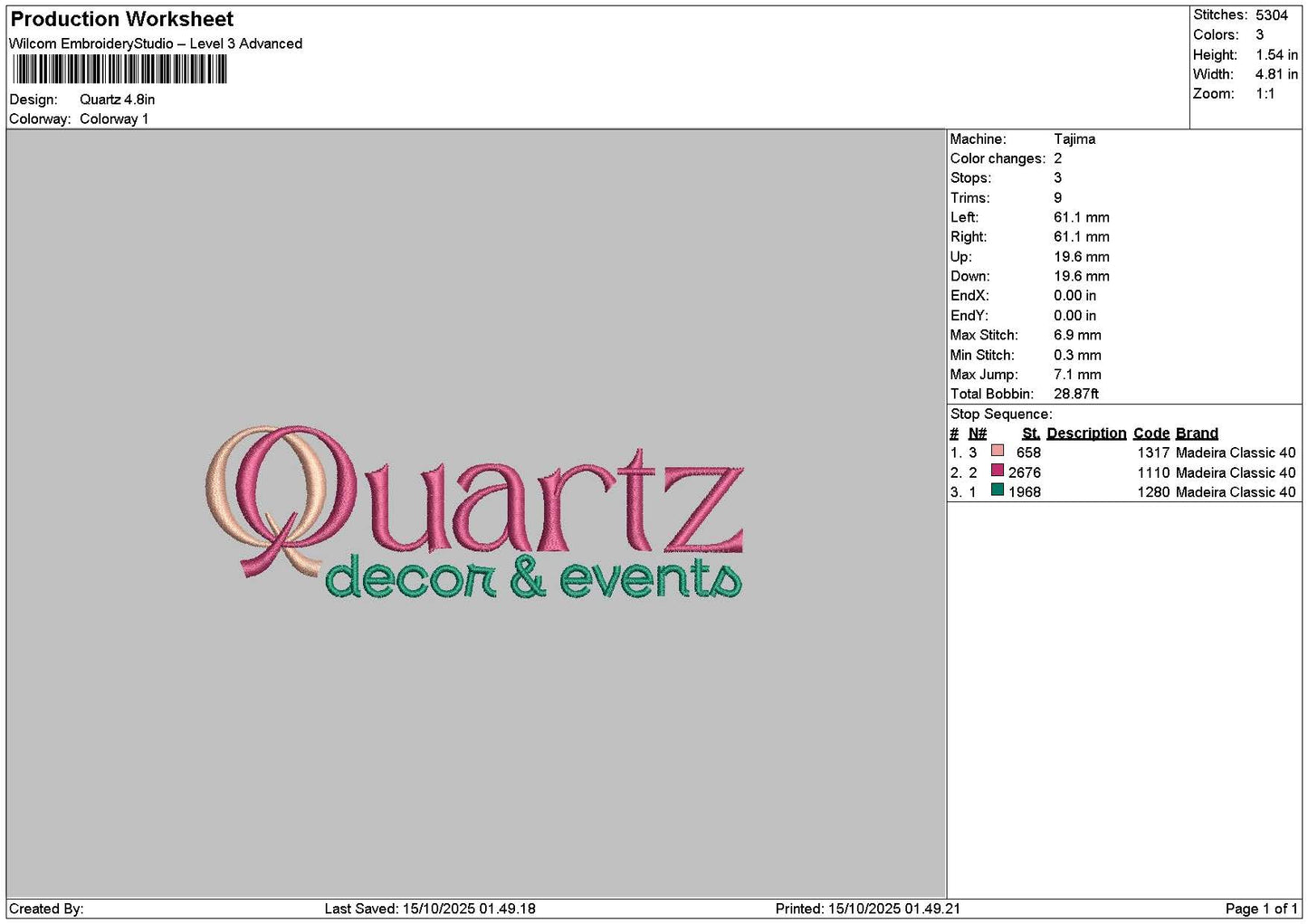 Quartztext Embroidery File 6 sizes