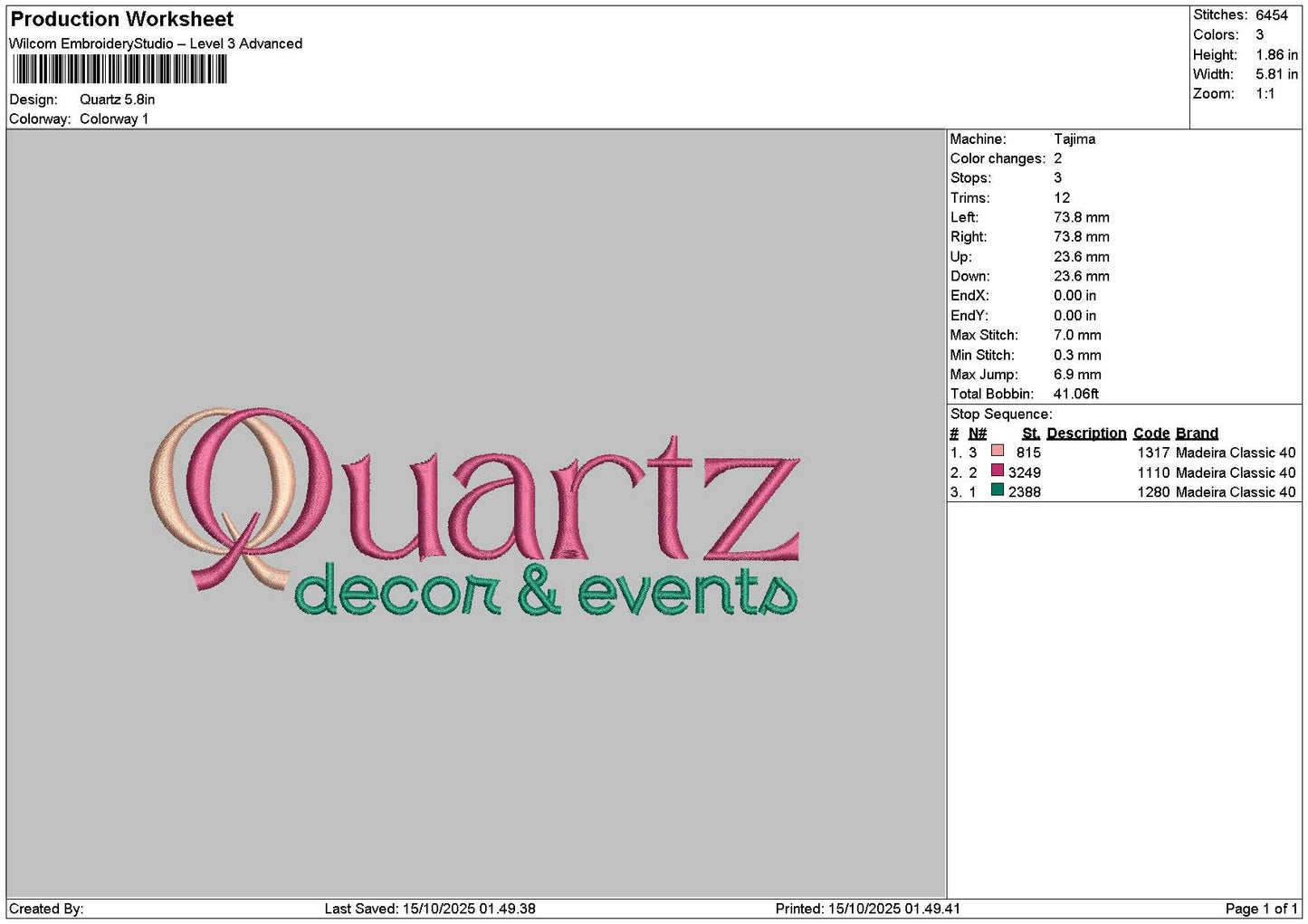 Quartztext Embroidery File 6 sizes