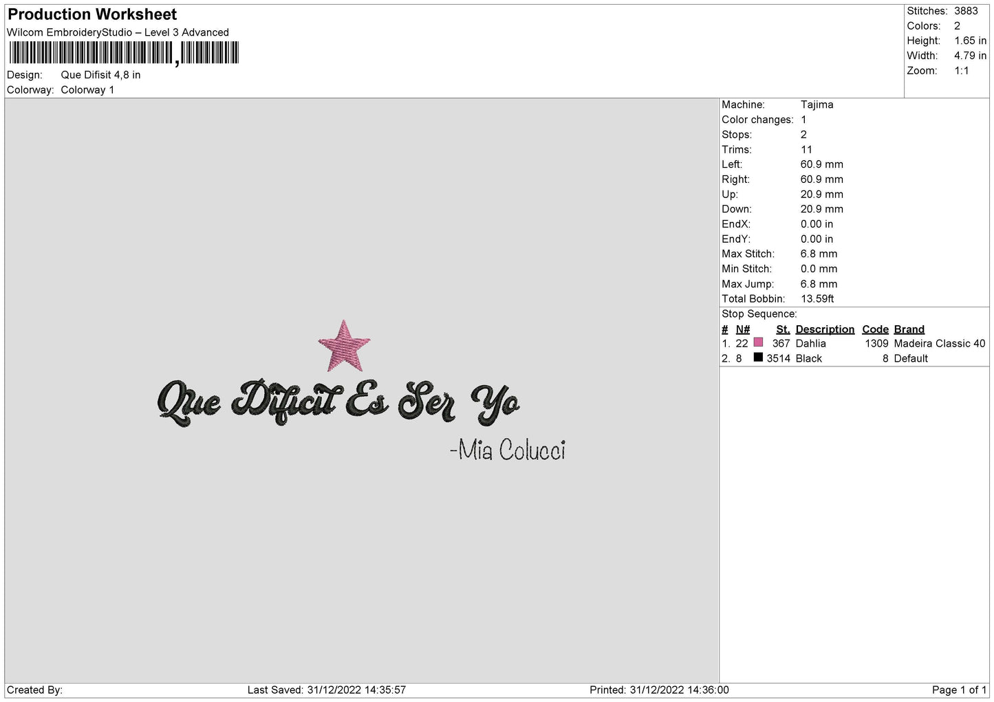 Que Difisit Embroidery File 6 sizes