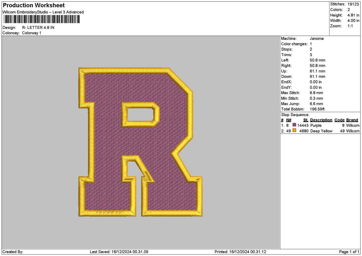 R Letter Embroidery File 6 sizes