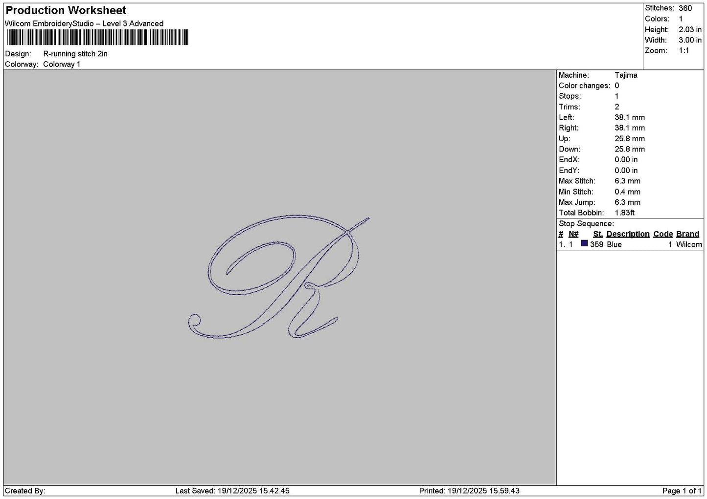 R Running Stitch Embroidery File 6 sizes