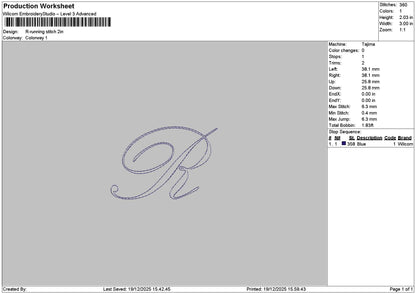 R Running Stitch Embroidery File 6 sizes