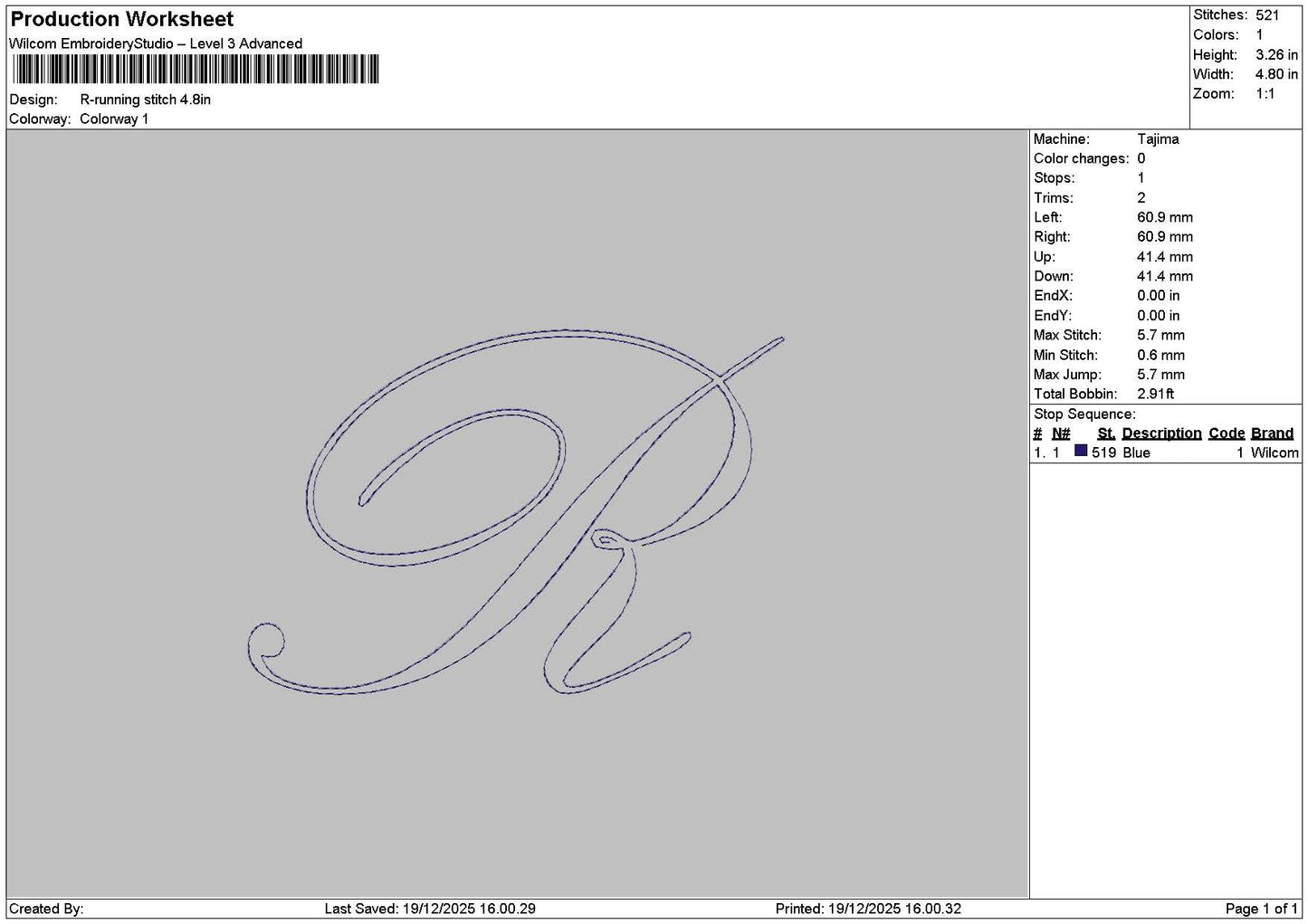 R Running Stitch Embroidery File 6 sizes