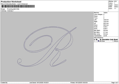 R Running Stitch Embroidery File 6 sizes