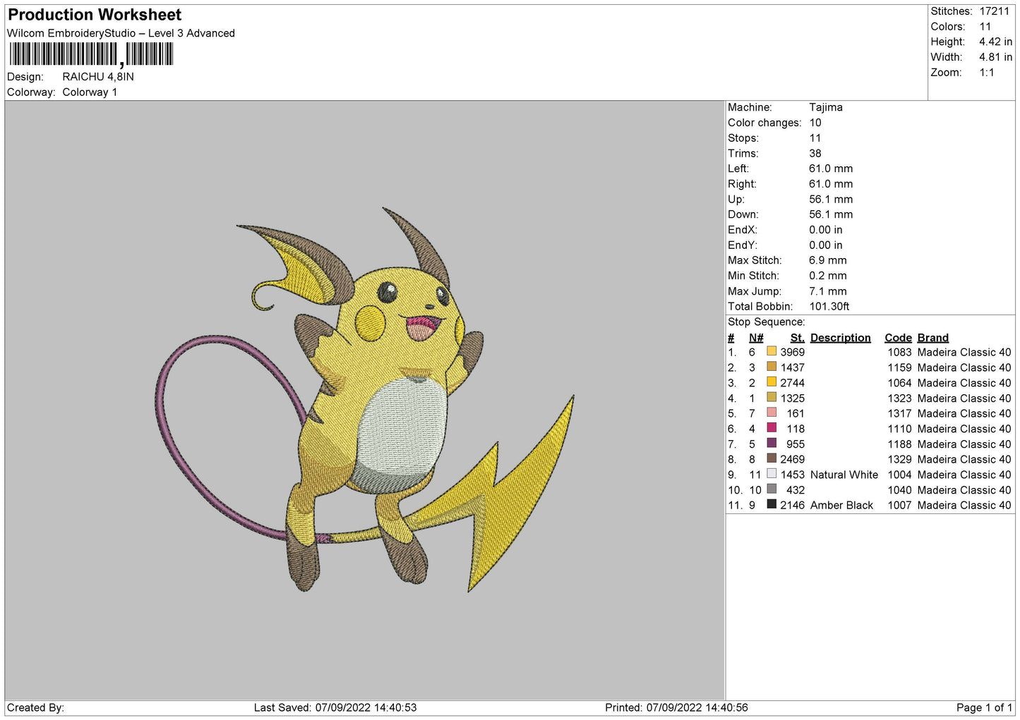 Raichu Embroidery File 5 sizes