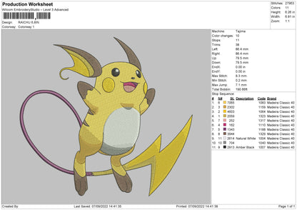 Raichu Embroidery File 5 sizes