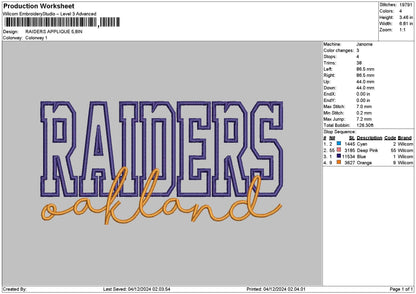 Raiders App Embroidery File 6 sizes
