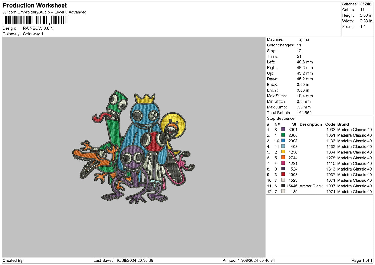 Rainbow Character Embroidery File 6 sizes