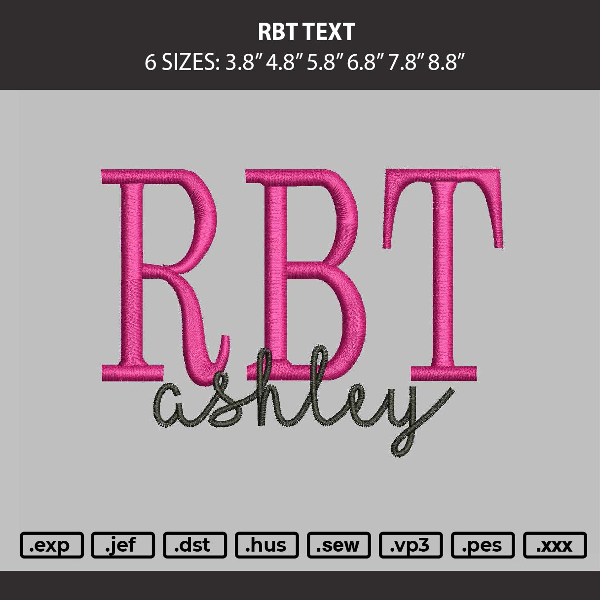 RbtText Embroidery Machine Design File 6 sizes