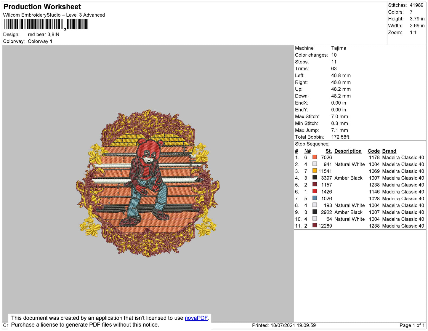 Red Bear Embroidery File 4 size