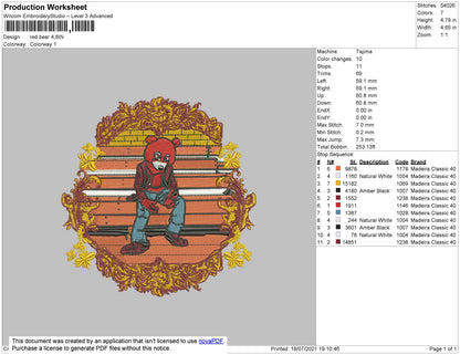 Red Bear Embroidery File 4 size