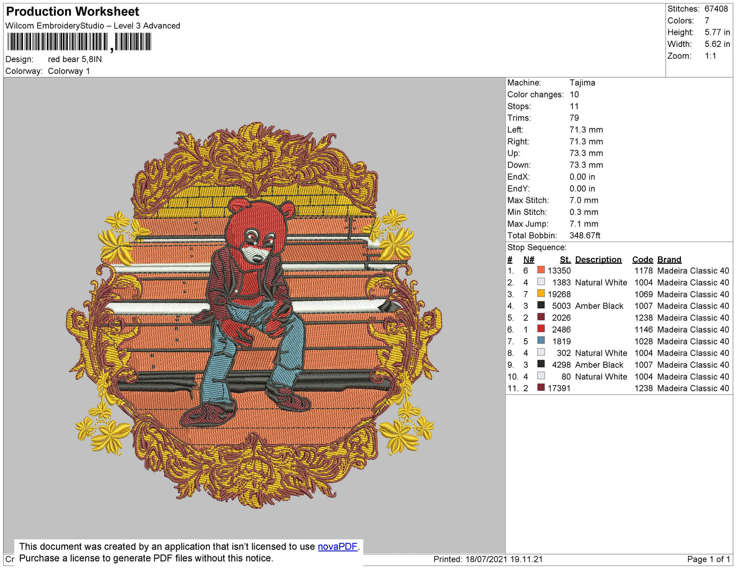 Red Bear Embroidery File 4 size