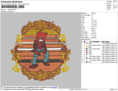 Red Bear Embroidery File 4 size