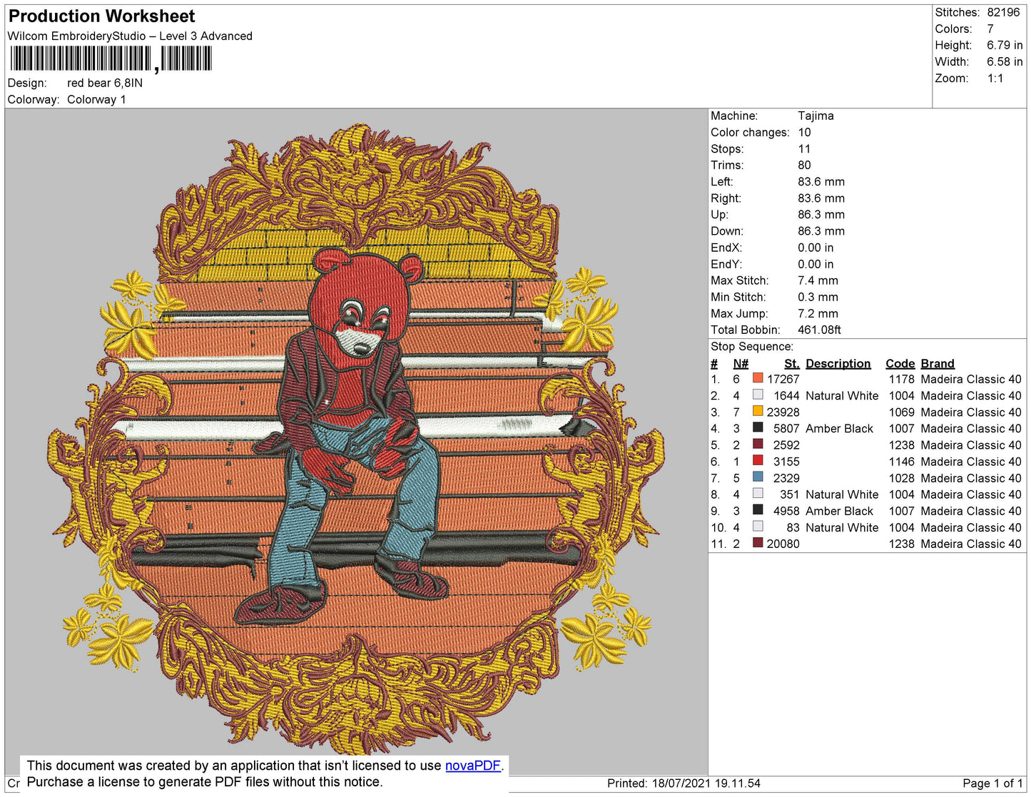 Red Bear Embroidery File 4 size