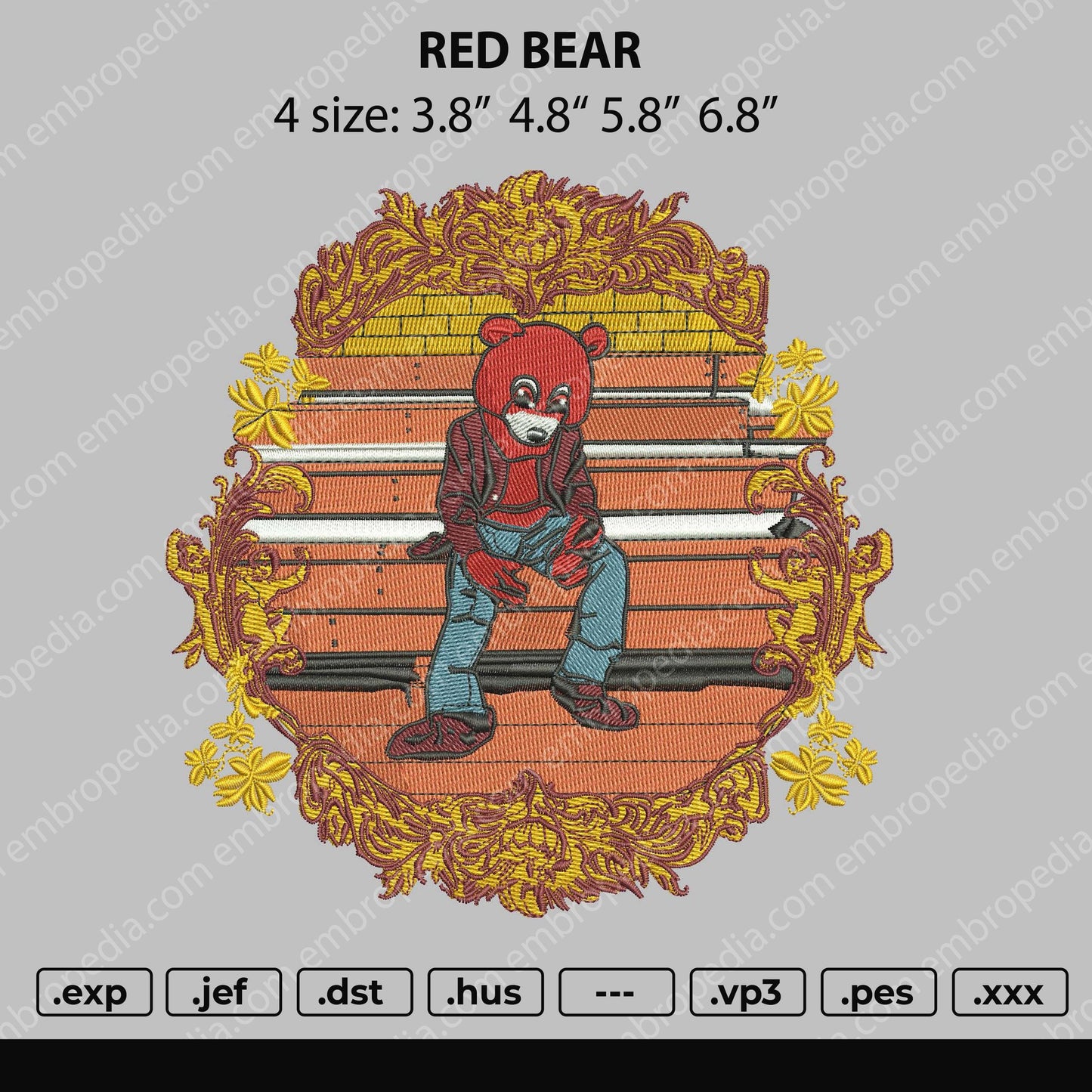 Red Bear Embroidery File 4 size