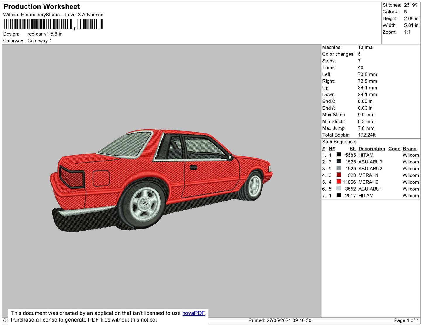 Red Car V1 Embroidery file 4 Size