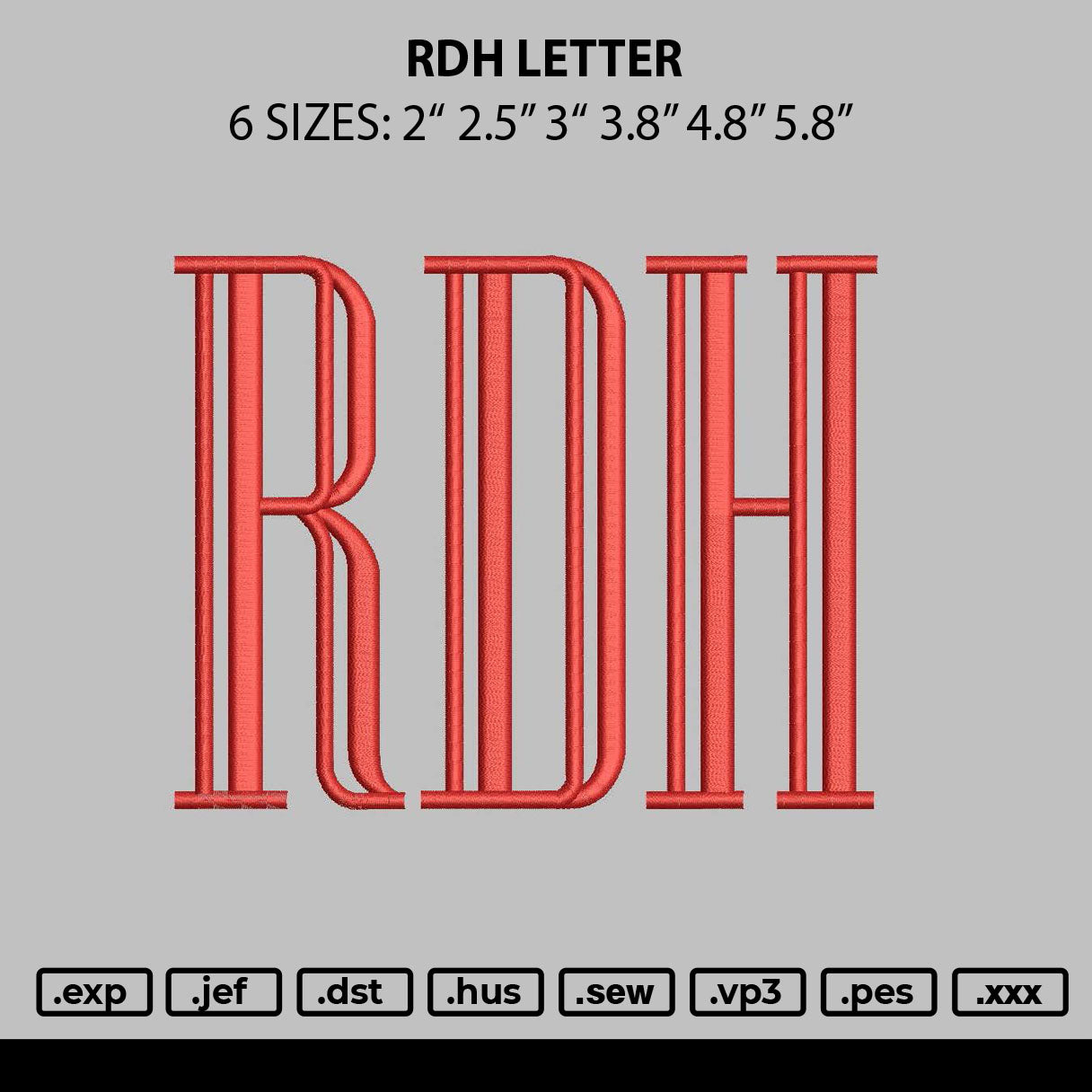 Rdh Letter Embroidery File 6 sizes