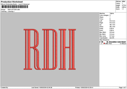Rdh Letter Embroidery File 6 sizes