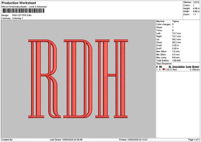 Rdh Letter Embroidery File 6 sizes
