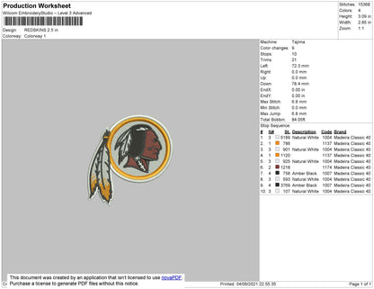 Redskins Embroidery File 6 size