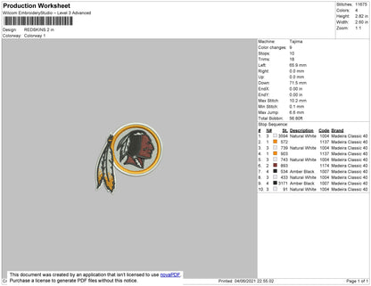 Redskins Embroidery File 6 size