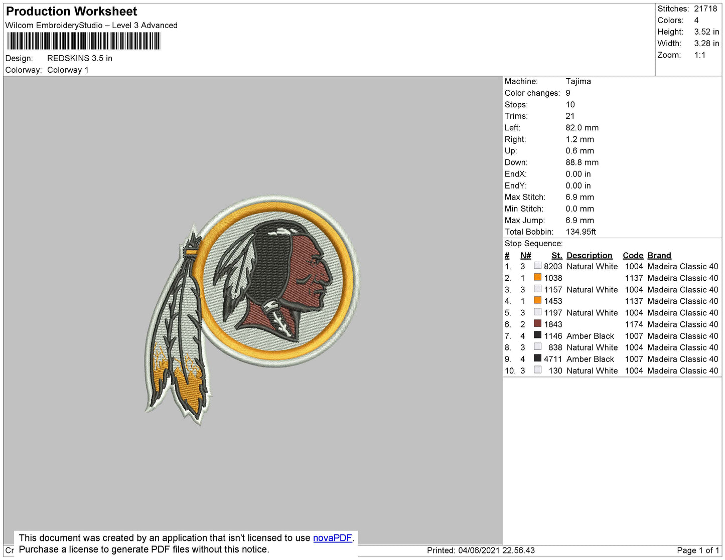 Redskins Embroidery File 6 size