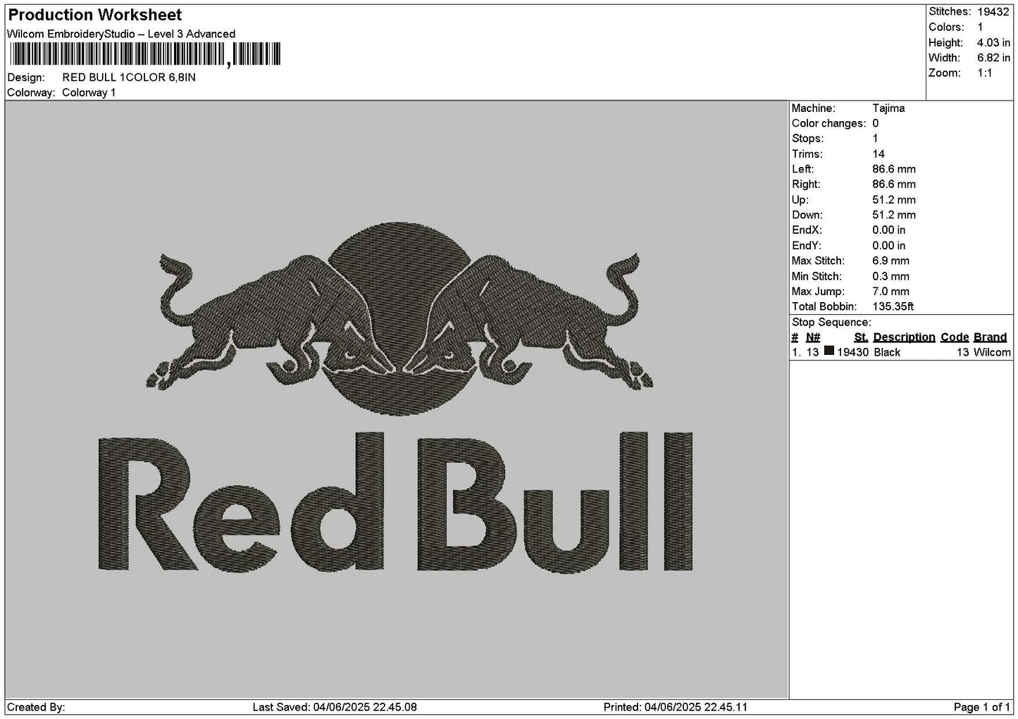 Redbull 1Color Embroidery File 6  sizes