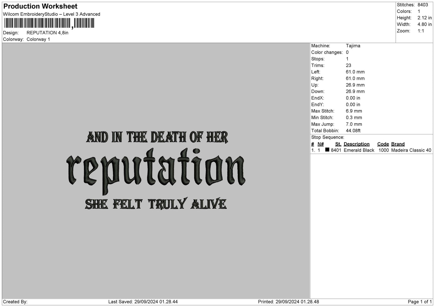 Reputationtext 02 Embroidery File 6 sizes