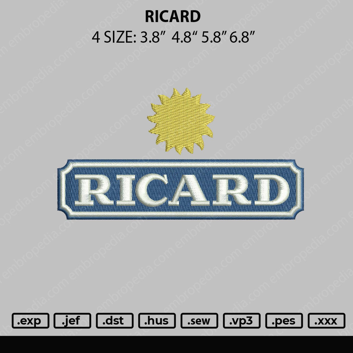 Ricard Embroidery File 4 sizes