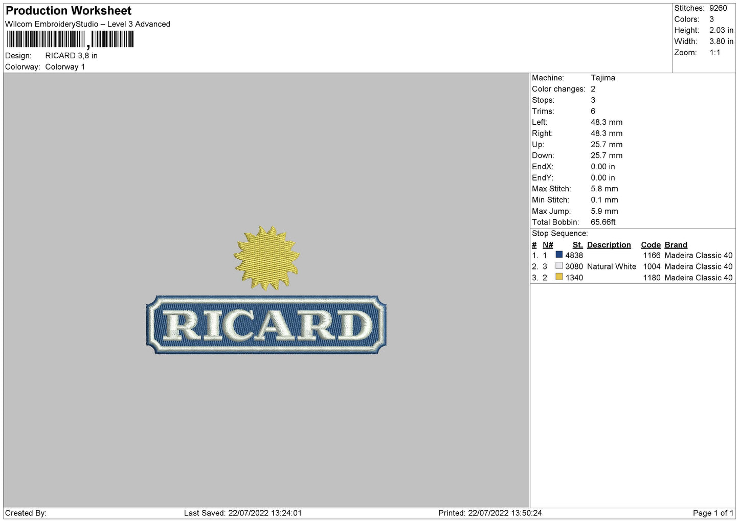 Ricard Embroidery File 4 sizes