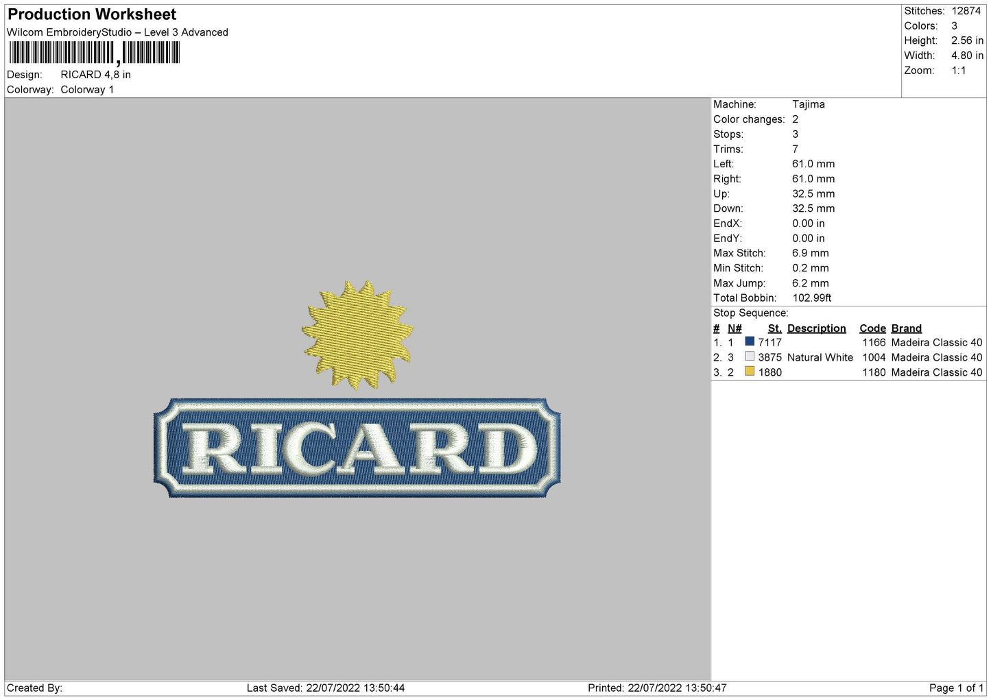 Ricard Embroidery File 4 sizes