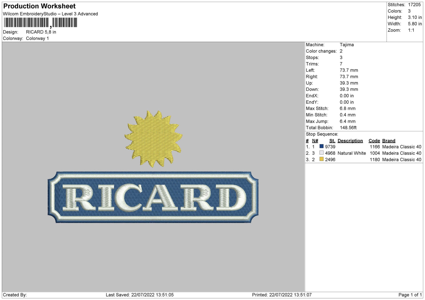 Ricard Embroidery File 4 sizes